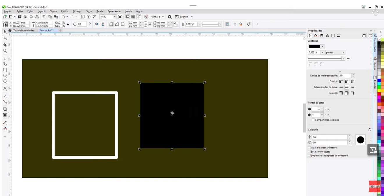 Tela do CorelDRAW mostrando um quadrado sem preenchimento à  esquerda e um com preenchimento à  direita para ilustrar o problema de seleção