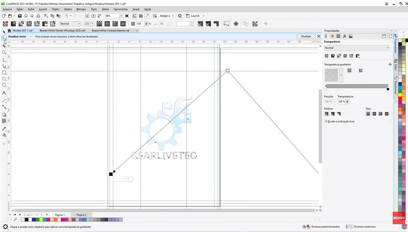 Print mostrando o resultado de uma transparência em gradiente no CorelDRAW, arrastando a ferramenta de cima para baixo.