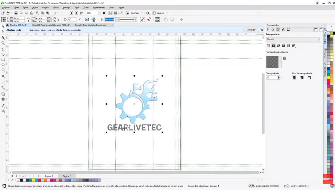 Print da tela do CorelDRAW mostrando o painel de propriedades com a ferramenta de transparência uniforme selecionada.