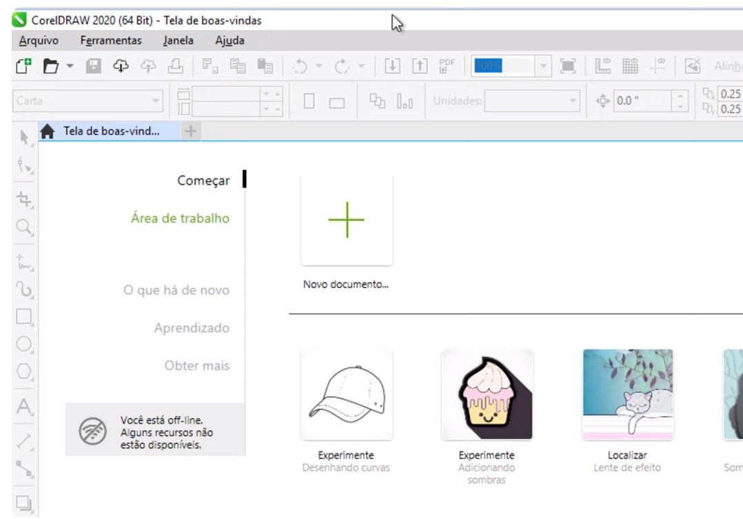 Tela de boas-vindas do CorelDRAW 2020 mostrando a área de trabalho e opções de novo documento.